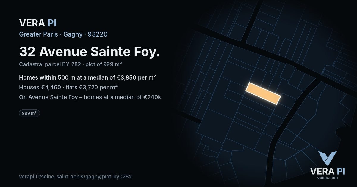 32 Avenue Sainte Foy, Gagny at night – the plot lit, the parcels around coloured by the prices near them