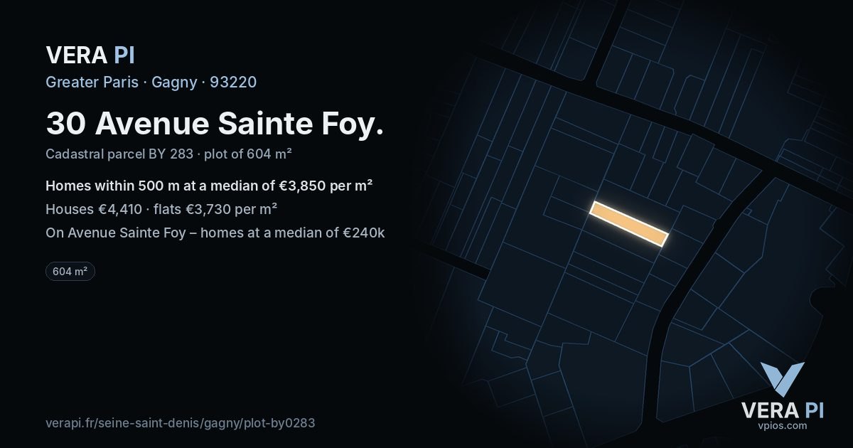 30 Avenue Sainte Foy, Gagny at night – the plot lit, the parcels around coloured by the prices near them