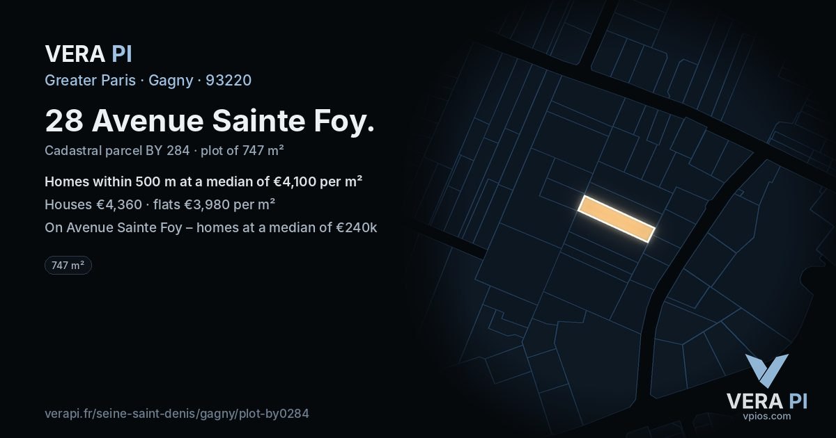 28 Avenue Sainte Foy, Gagny at night – the plot lit, the parcels around coloured by the prices near them