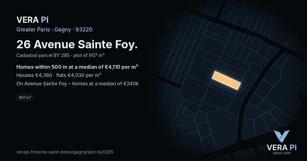 26 Avenue Sainte Foy, Gagny at night – the plot lit, the parcels around coloured by the prices near them