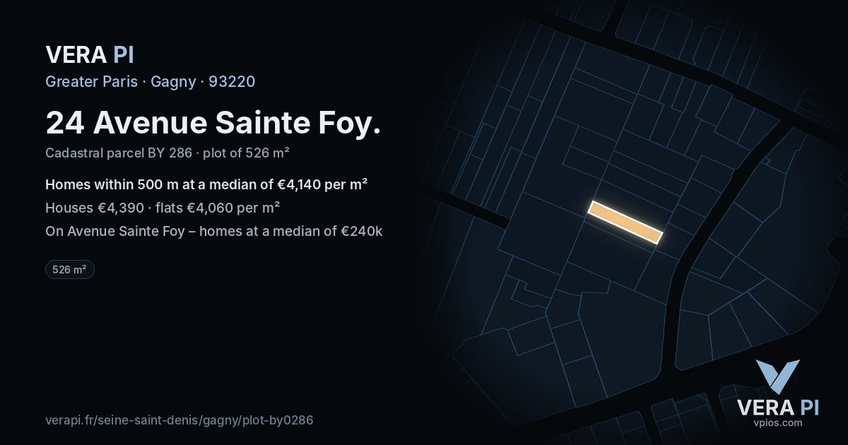24 Avenue Sainte Foy, Gagny at night – the plot lit, the parcels around coloured by the prices near them