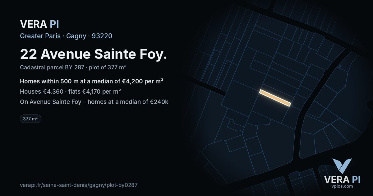 22 Avenue Sainte Foy, Gagny at night – the plot lit, the parcels around coloured by the prices near them