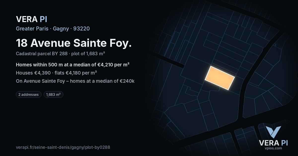18 Avenue Sainte Foy, Gagny at night – the plot lit, the parcels around coloured by the prices near them