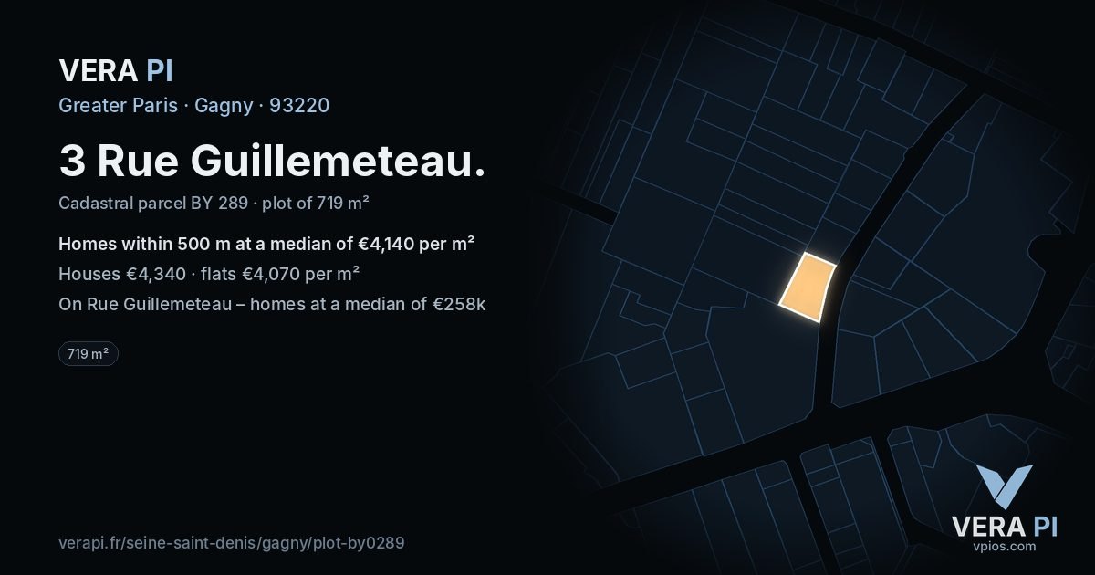 3 Rue Guillemeteau, Gagny at night – the plot lit, the parcels around coloured by the prices near them