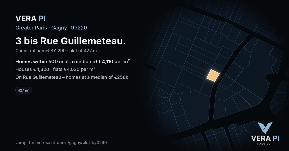 3 bis Rue Guillemeteau, Gagny at night – the plot lit, the parcels around coloured by the prices near them