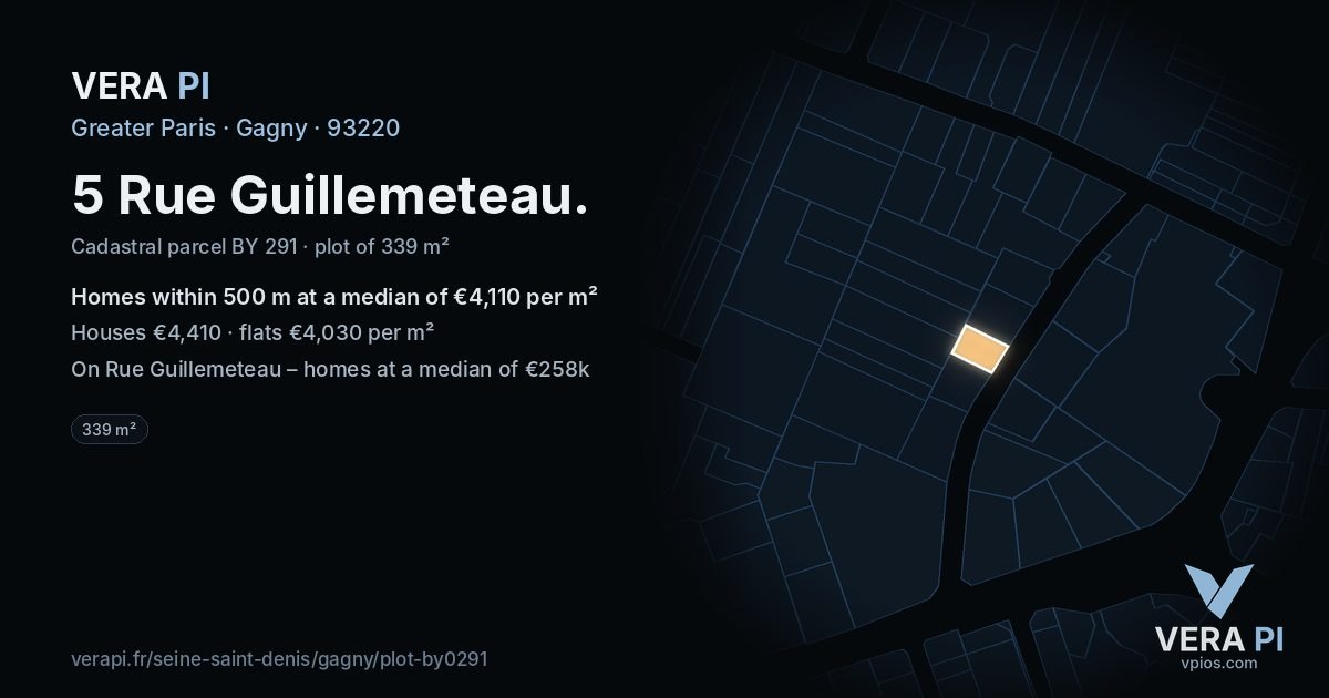 5 Rue Guillemeteau, Gagny at night – the plot lit, the parcels around coloured by the prices near them