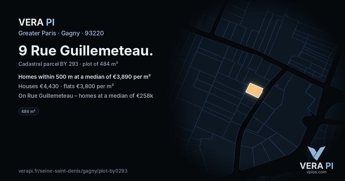 9 Rue Guillemeteau, Gagny at night – the plot lit, the parcels around coloured by the prices near them