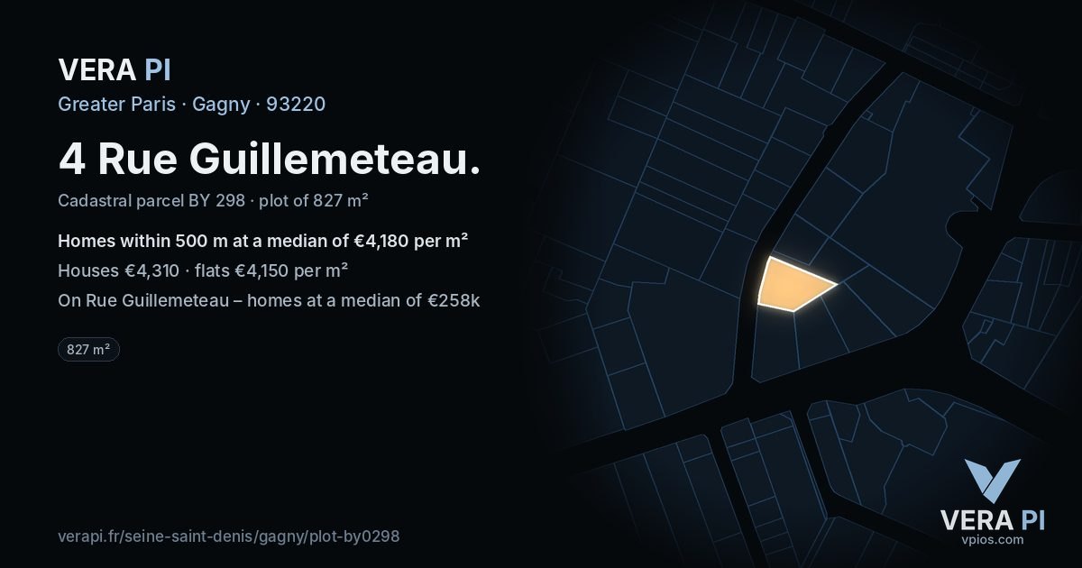 4 Rue Guillemeteau, Gagny at night – the plot lit, the parcels around coloured by the prices near them