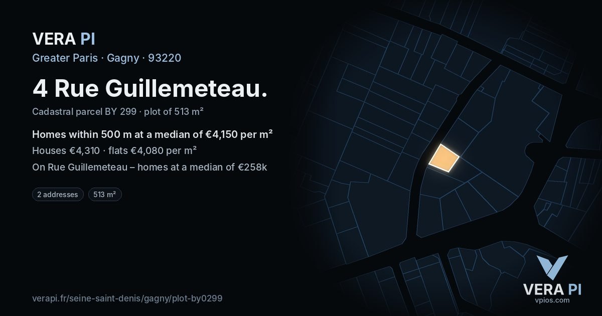 4 Rue Guillemeteau, Gagny at night – the plot lit, the parcels around coloured by the prices near them
