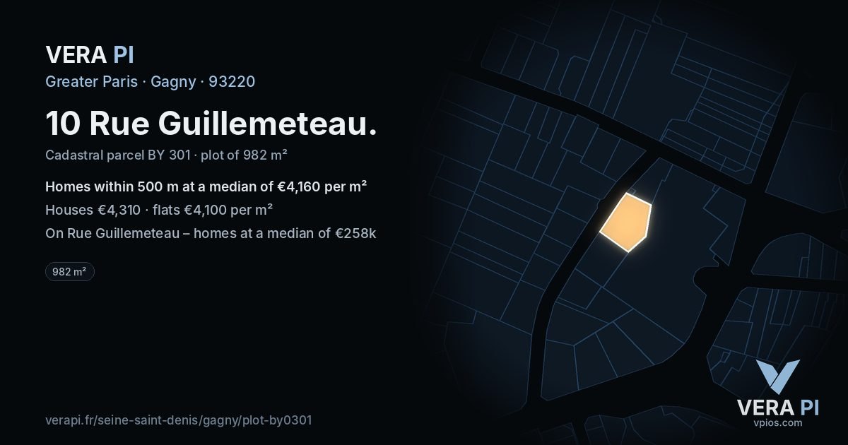10 Rue Guillemeteau, Gagny at night – the plot lit, the parcels around coloured by the prices near them