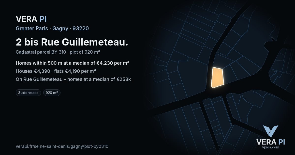 2 bis Rue Guillemeteau, Gagny at night – the plot lit, the parcels around coloured by the prices near them