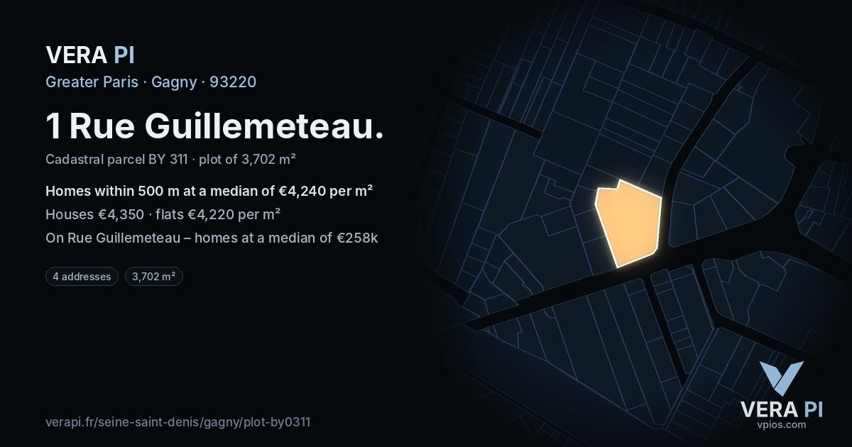 1 Rue Guillemeteau, Gagny at night – the plot lit, the parcels around coloured by the prices near them