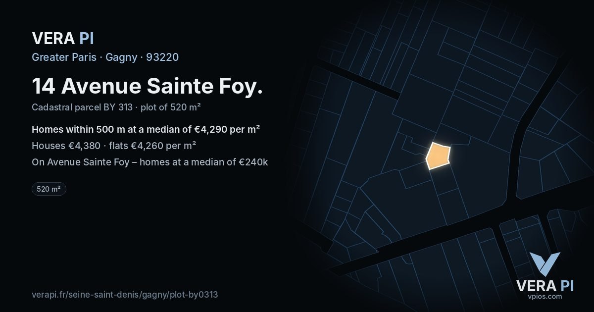 14 Avenue Sainte Foy, Gagny at night – the plot lit, the parcels around coloured by the prices near them