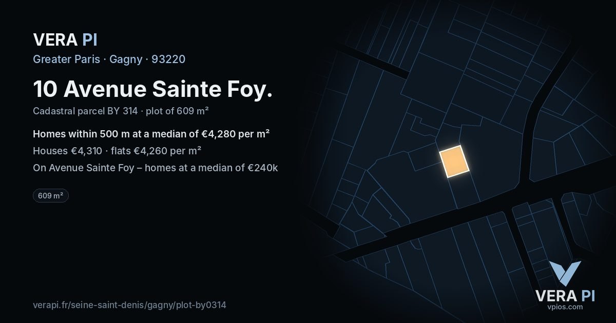 10 Avenue Sainte Foy, Gagny at night – the plot lit, the parcels around coloured by the prices near them