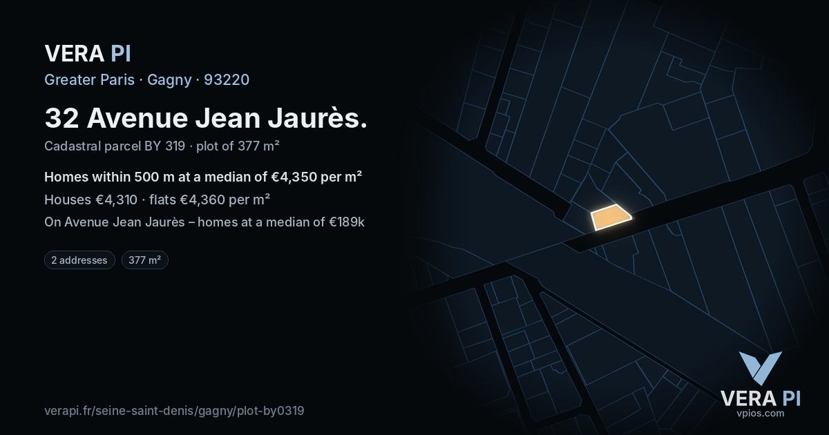 32 Avenue Jean Jaurès, Gagny at night – the plot lit, the parcels around coloured by the prices near them