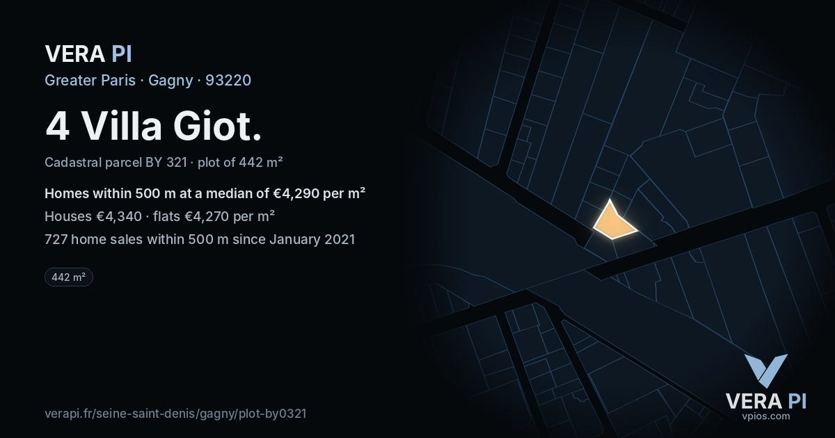 4 Villa Giot, Gagny at night – the plot lit, the parcels around coloured by the prices near them
