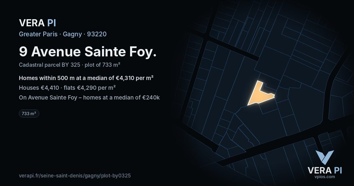 9 Avenue Sainte Foy, Gagny at night – the plot lit, the parcels around coloured by the prices near them