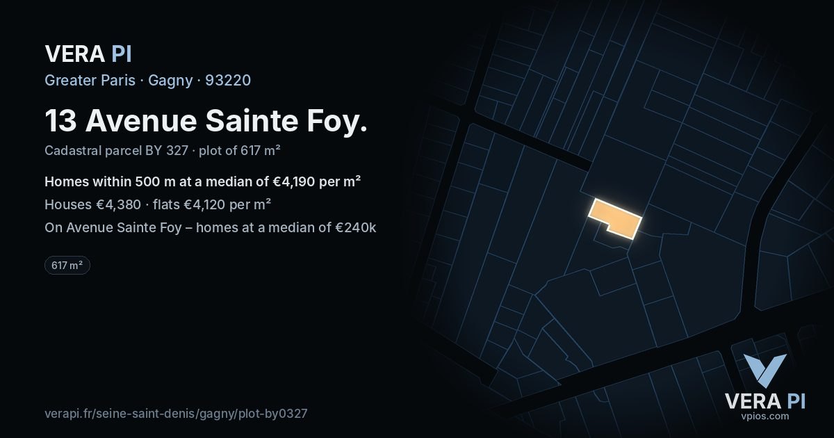 13 Avenue Sainte Foy, Gagny at night – the plot lit, the parcels around coloured by the prices near them