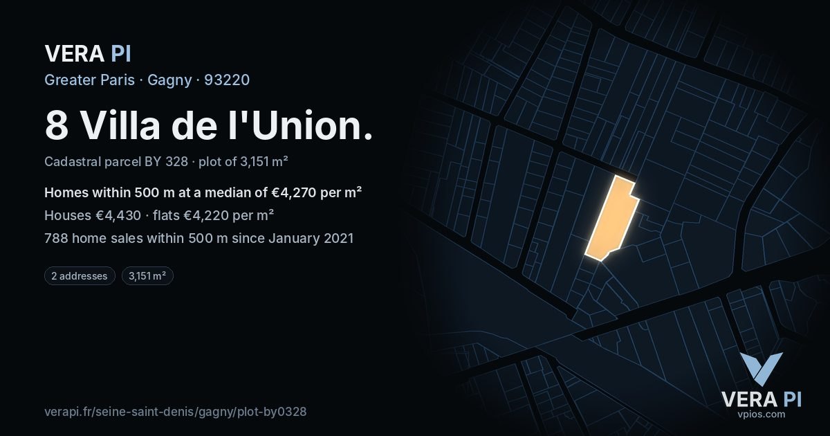 8 Villa de l'Union, Gagny at night – the plot lit, the parcels around coloured by the prices near them