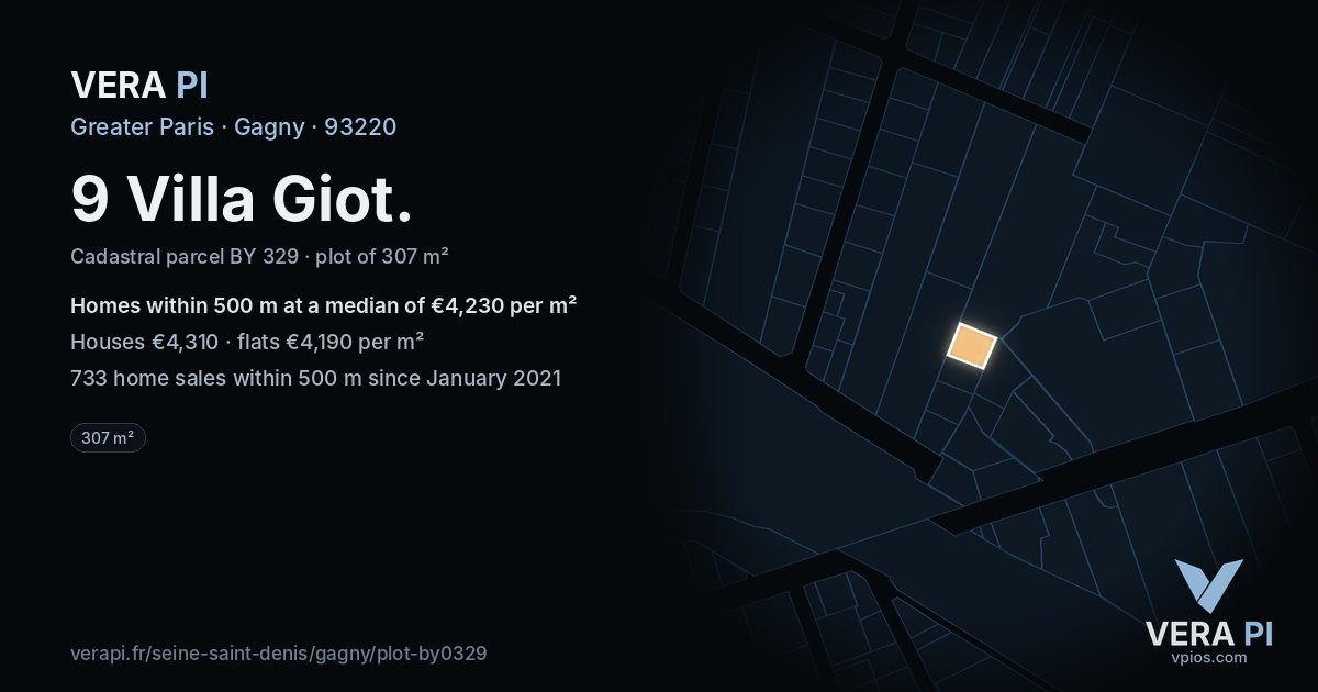 9 Villa Giot, Gagny at night – the plot lit, the parcels around coloured by the prices near them
