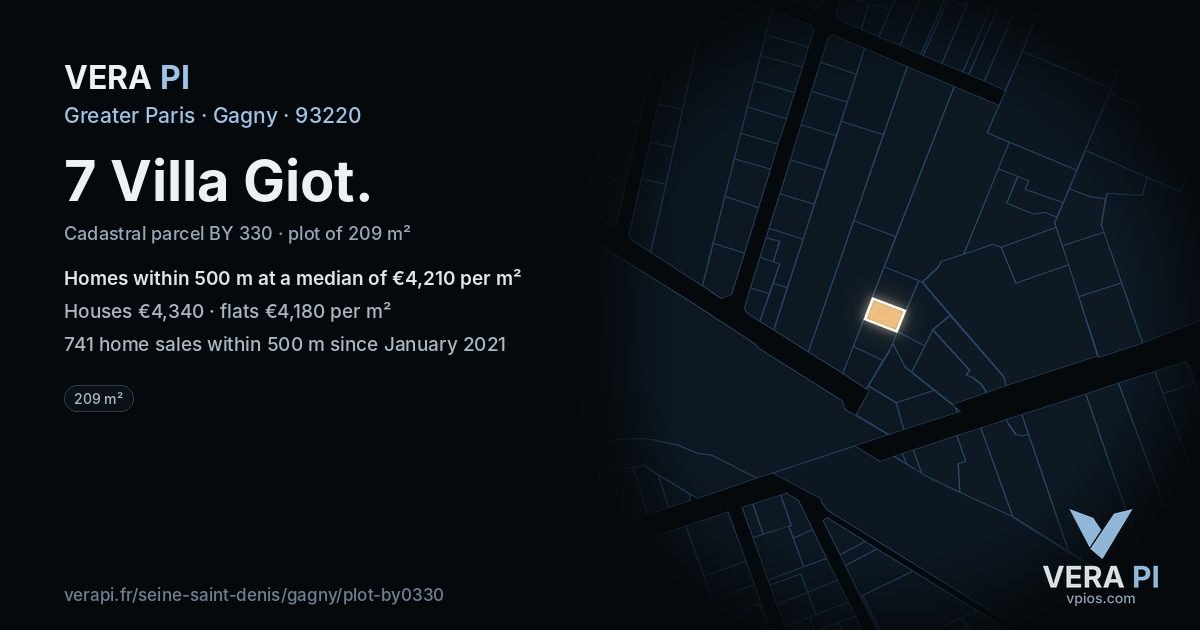 7 Villa Giot, Gagny at night – the plot lit, the parcels around coloured by the prices near them