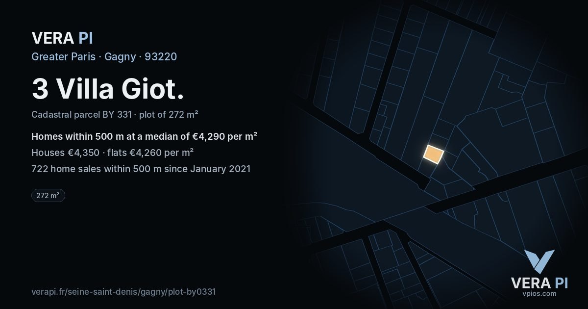 3 Villa Giot, Gagny at night – the plot lit, the parcels around coloured by the prices near them