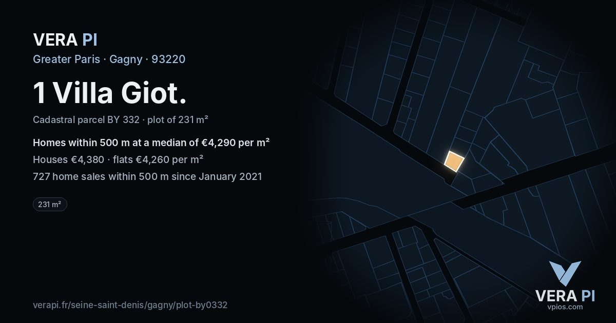 1 Villa Giot, Gagny at night – the plot lit, the parcels around coloured by the prices near them