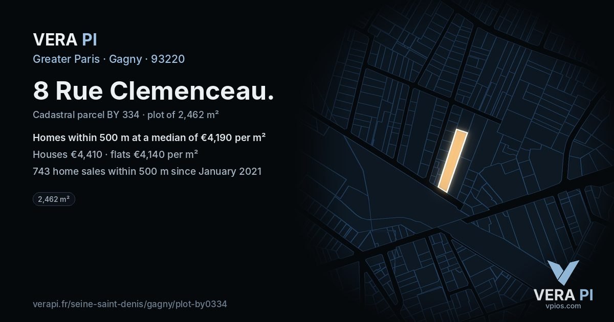 8 Rue Clemenceau, Gagny at night – the plot lit, the parcels around coloured by the prices near them