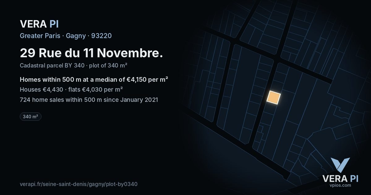 29 Rue du 11 Novembre, Gagny at night – the plot lit, the parcels around coloured by the prices near them