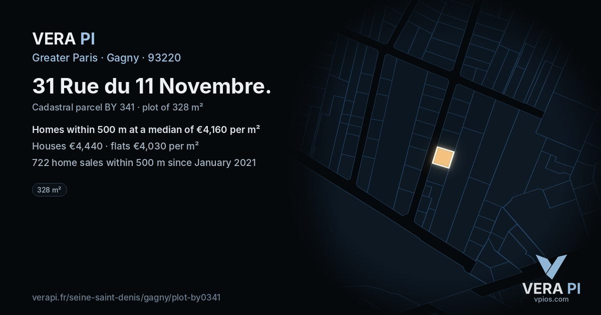 31 Rue du 11 Novembre, Gagny at night – the plot lit, the parcels around coloured by the prices near them