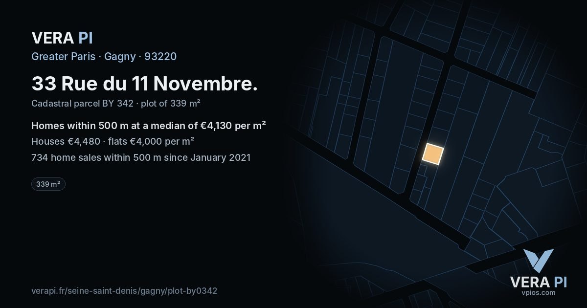 33 Rue du 11 Novembre, Gagny at night – the plot lit, the parcels around coloured by the prices near them
