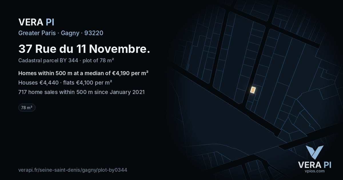 37 Rue du 11 Novembre, Gagny at night – the plot lit, the parcels around coloured by the prices near them