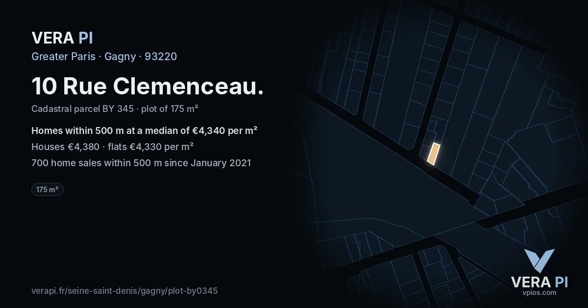 10 Rue Clemenceau, Gagny at night – the plot lit, the parcels around coloured by the prices near them