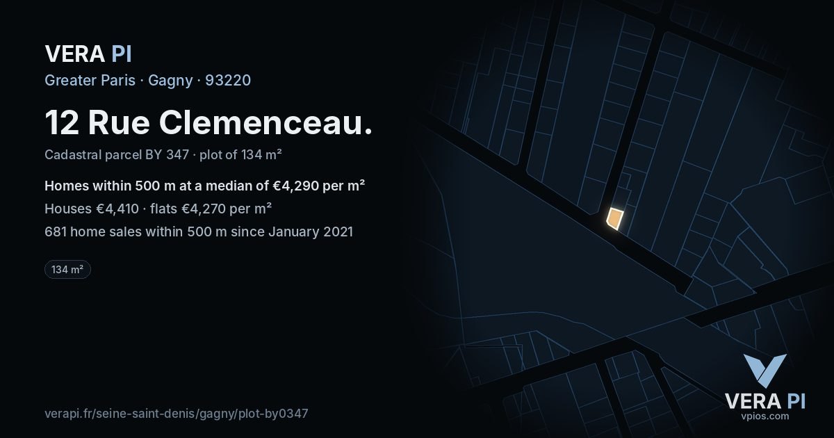 12 Rue Clemenceau, Gagny at night – the plot lit, the parcels around coloured by the prices near them