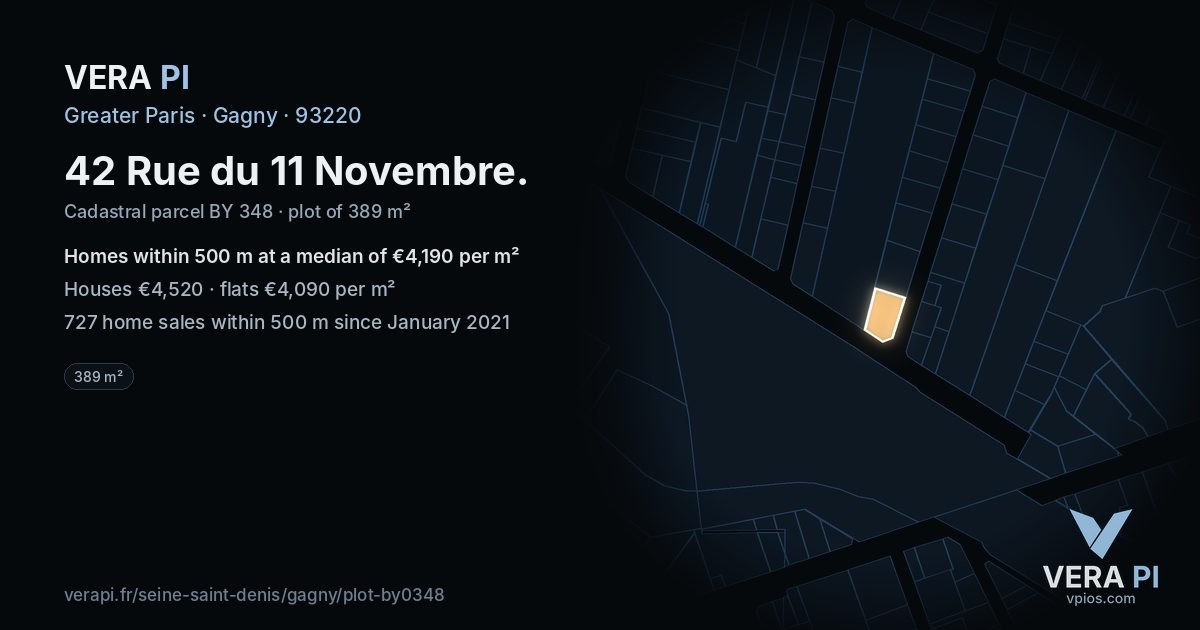 42 Rue du 11 Novembre, Gagny at night – the plot lit, the parcels around coloured by the prices near them
