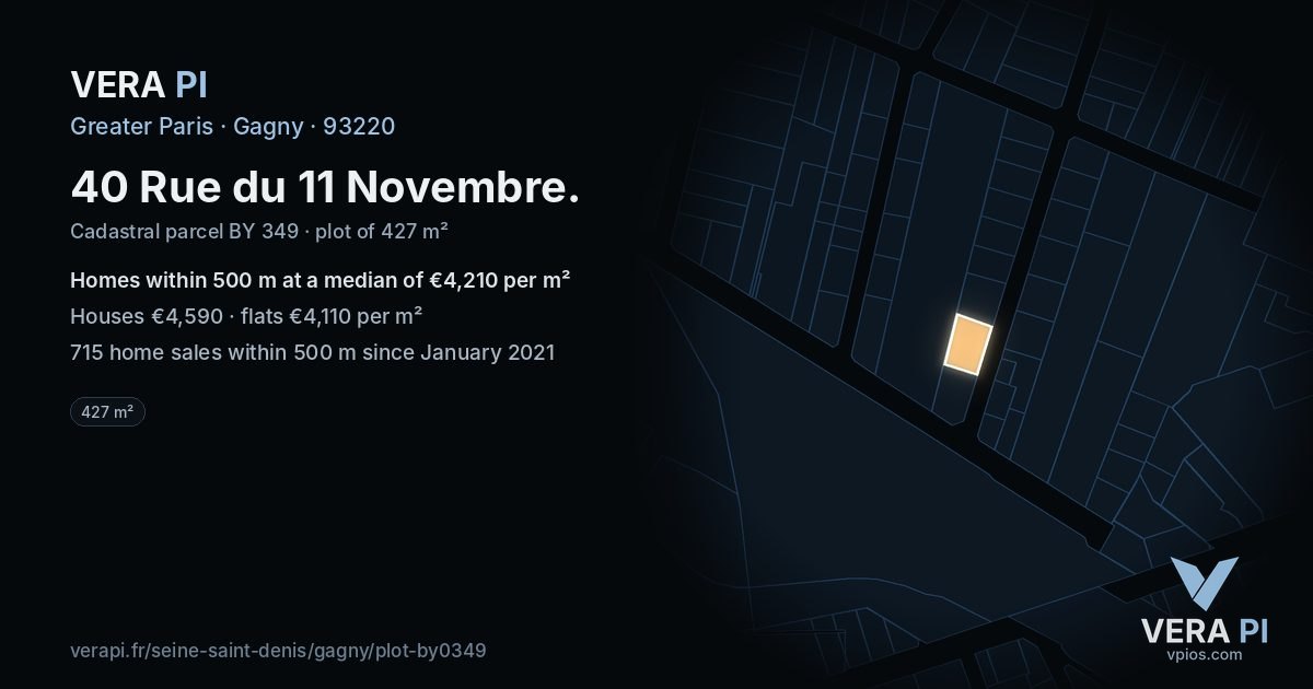 40 Rue du 11 Novembre, Gagny at night – the plot lit, the parcels around coloured by the prices near them