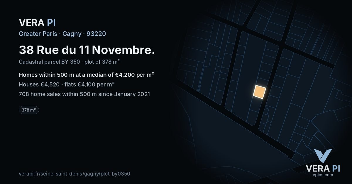 38 Rue du 11 Novembre, Gagny at night – the plot lit, the parcels around coloured by the prices near them