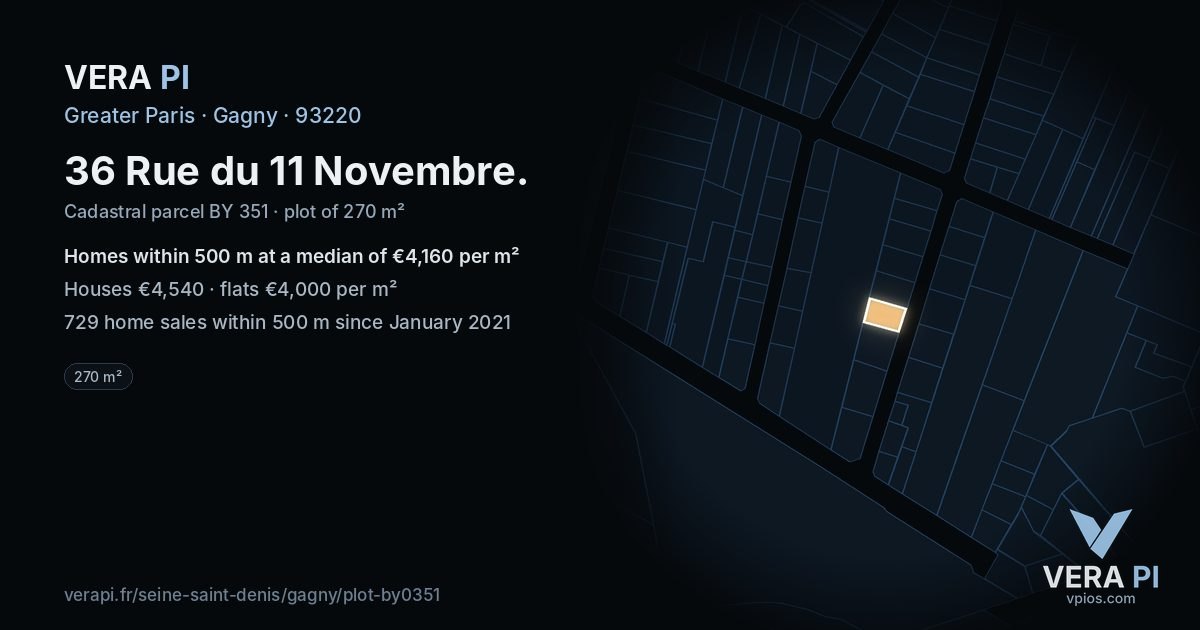 36 Rue du 11 Novembre, Gagny at night – the plot lit, the parcels around coloured by the prices near them