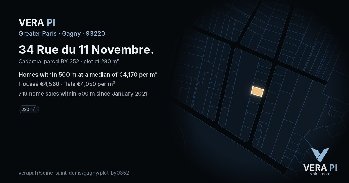 34 Rue du 11 Novembre, Gagny at night – the plot lit, the parcels around coloured by the prices near them