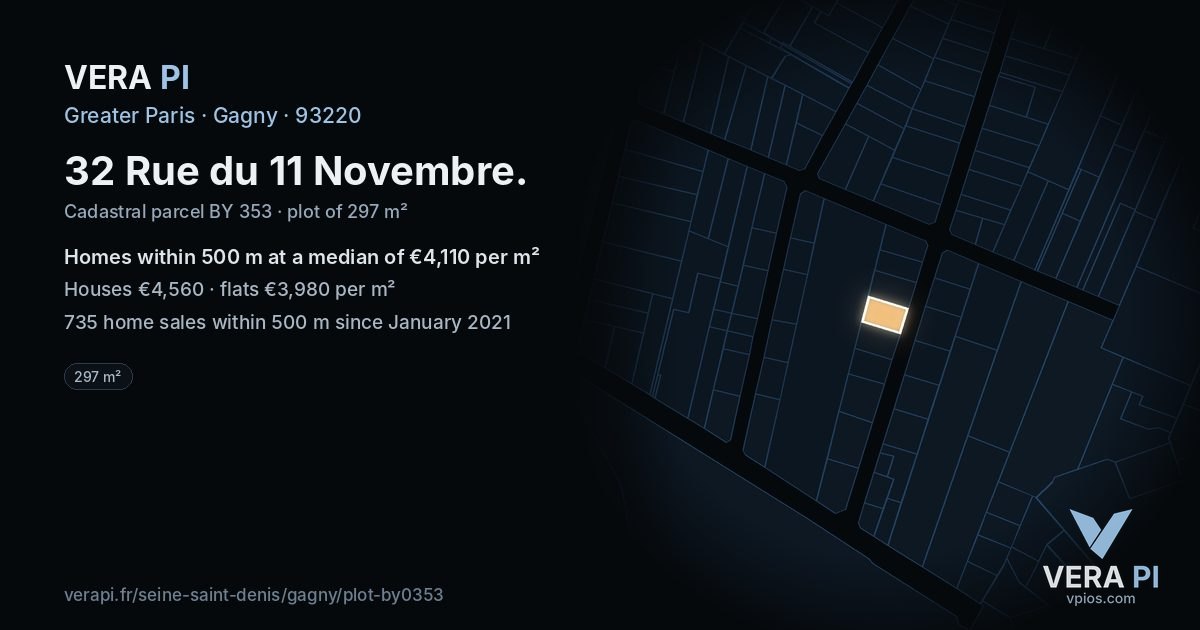 32 Rue du 11 Novembre, Gagny at night – the plot lit, the parcels around coloured by the prices near them