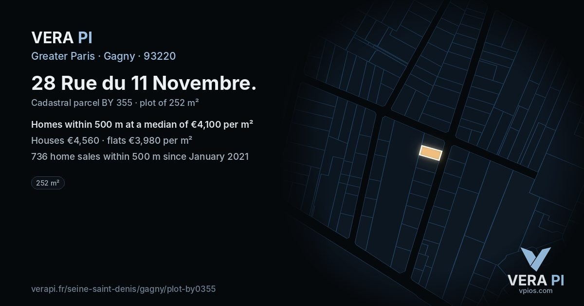 28 Rue du 11 Novembre, Gagny at night – the plot lit, the parcels around coloured by the prices near them