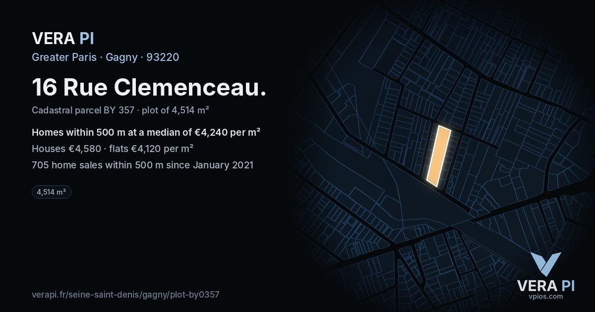 16 Rue Clemenceau, Gagny at night – the plot lit, the parcels around coloured by the prices near them
