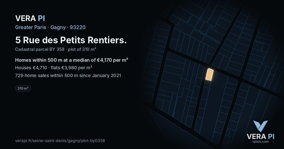 5 Rue des Petits Rentiers, Gagny at night – the plot lit, the parcels around coloured by the prices near them