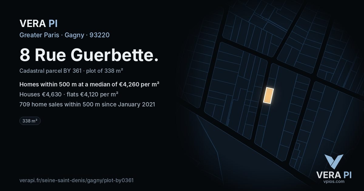 8 Rue Guerbette, Gagny at night – the plot lit, the parcels around coloured by the prices near them