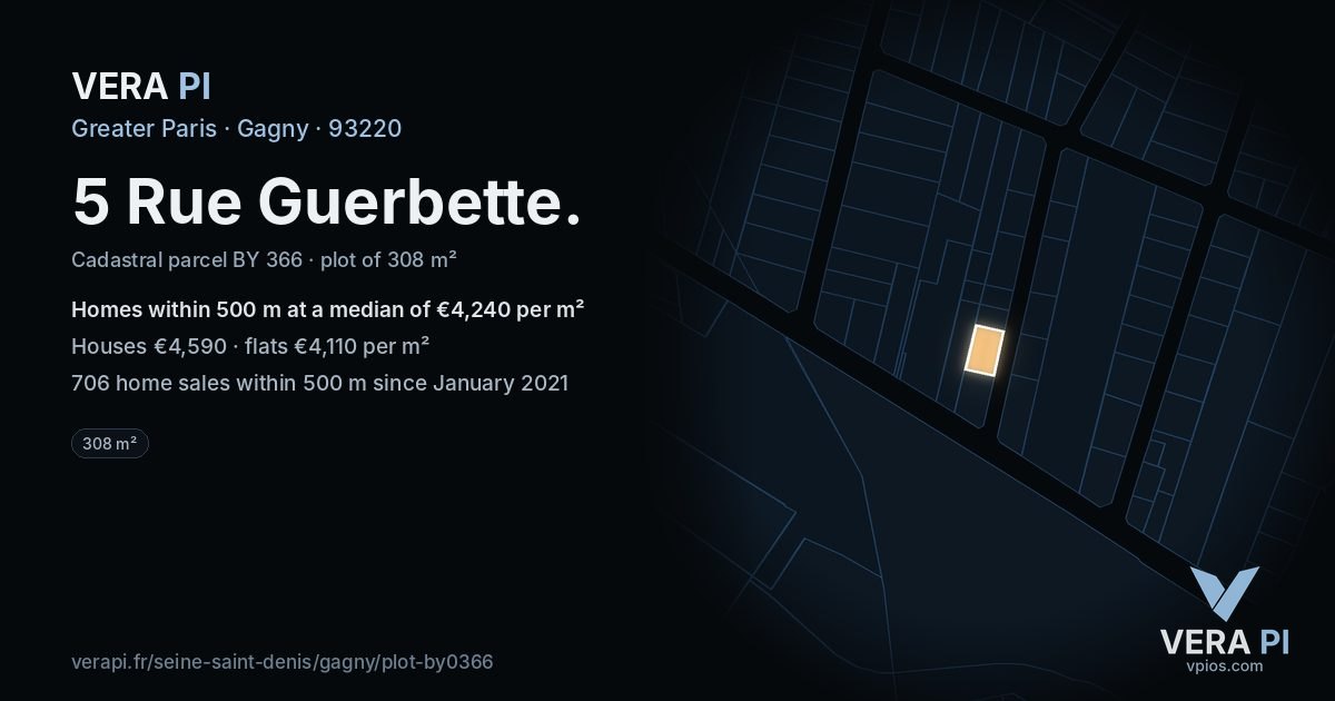 5 Rue Guerbette, Gagny at night – the plot lit, the parcels around coloured by the prices near them