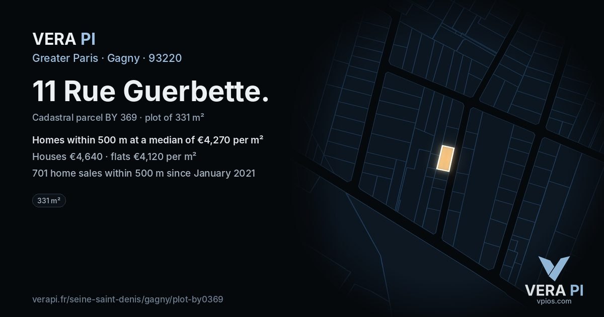 11 Rue Guerbette, Gagny at night – the plot lit, the parcels around coloured by the prices near them