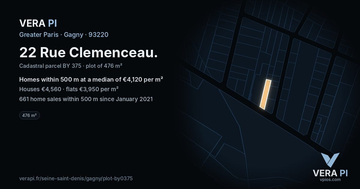 22 Rue Clemenceau, Gagny at night – the plot lit, the parcels around coloured by the prices near them