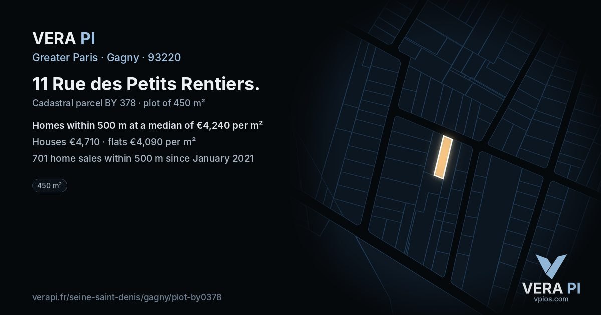 11 Rue des Petits Rentiers, Gagny at night – the plot lit, the parcels around coloured by the prices near them