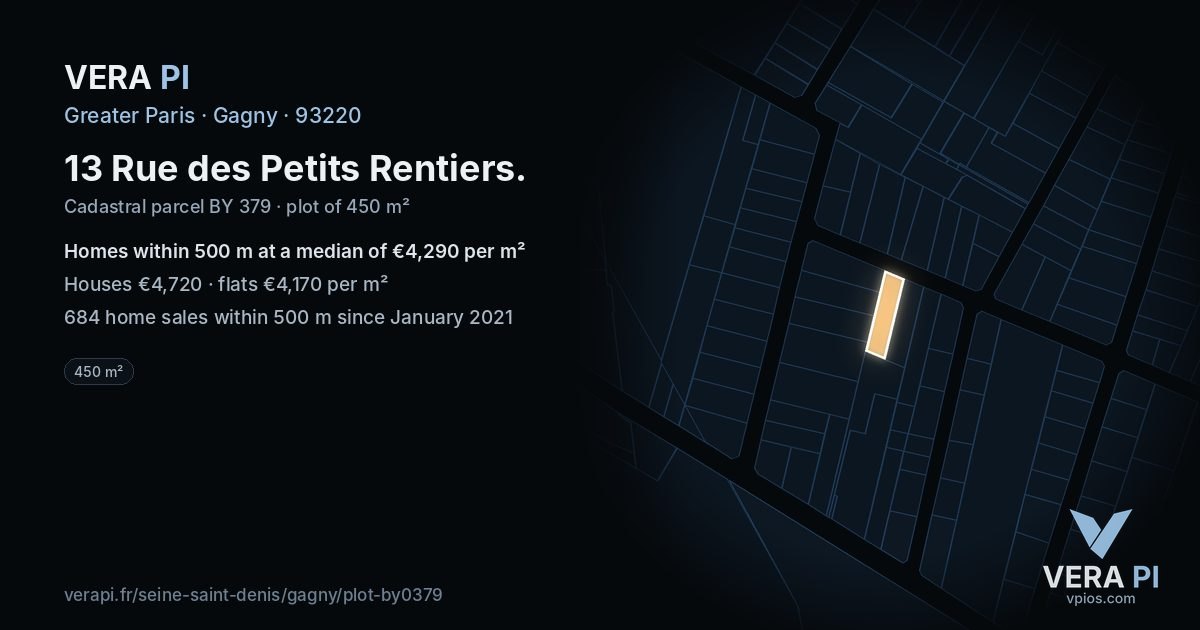 13 Rue des Petits Rentiers, Gagny at night – the plot lit, the parcels around coloured by the prices near them