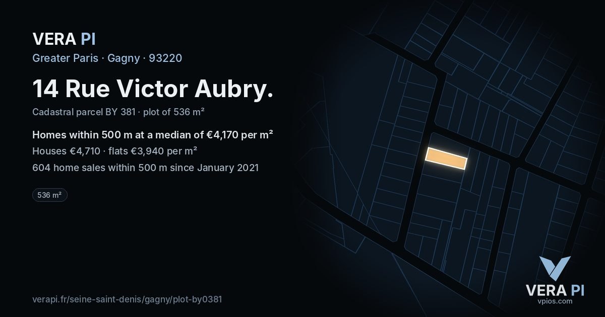 14 Rue Victor Aubry, Gagny at night – the plot lit, the parcels around coloured by the prices near them